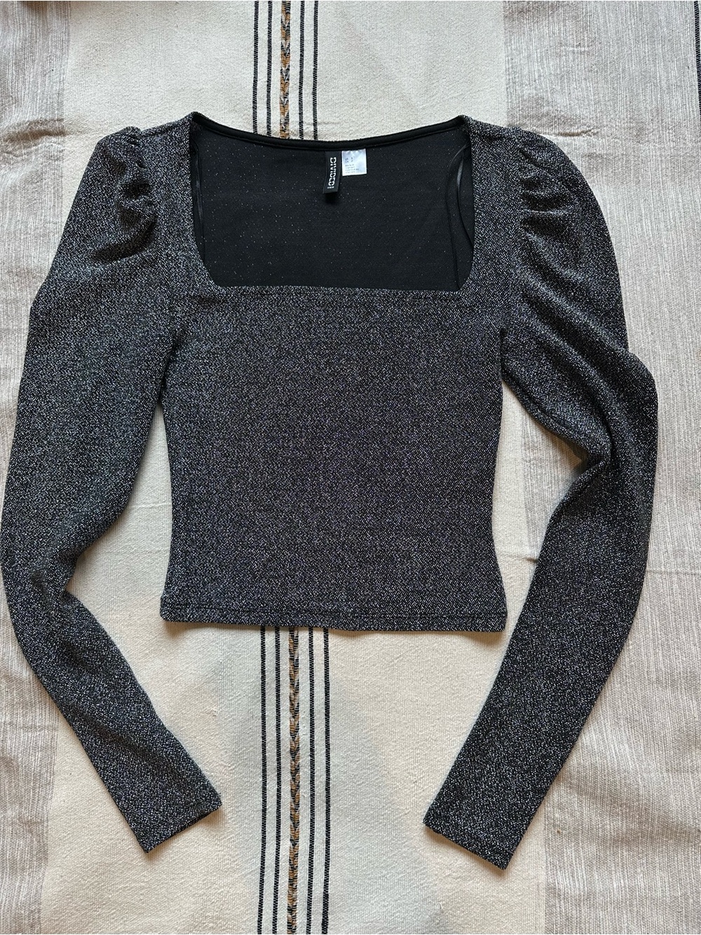 H&M Black Metallic Square-Neck Long Sleeve Top with Puff Shoulders